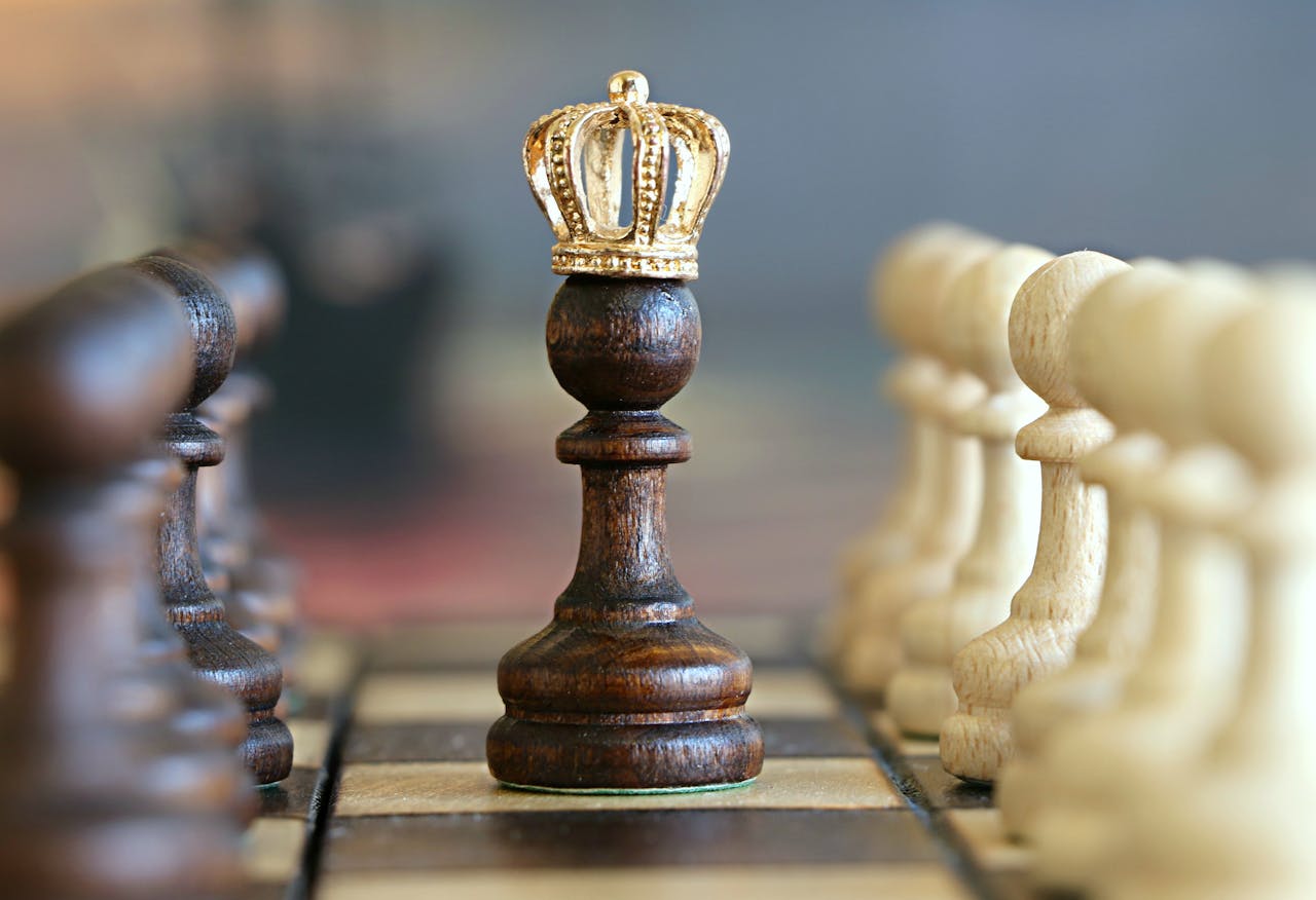 gallery-03 A brown pawn with a crown stands prominently on a chessboard, symbolizing strategic play.